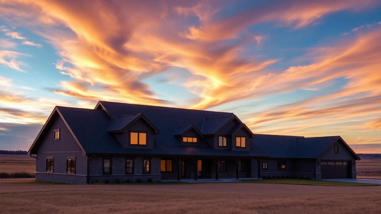 House with sunset in backview