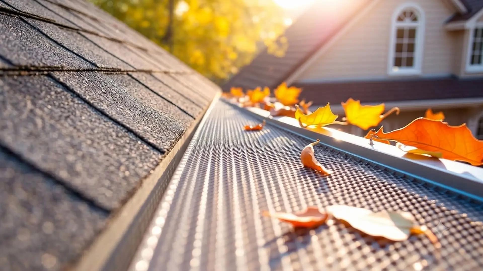 Close up of gutter guards on with leaves