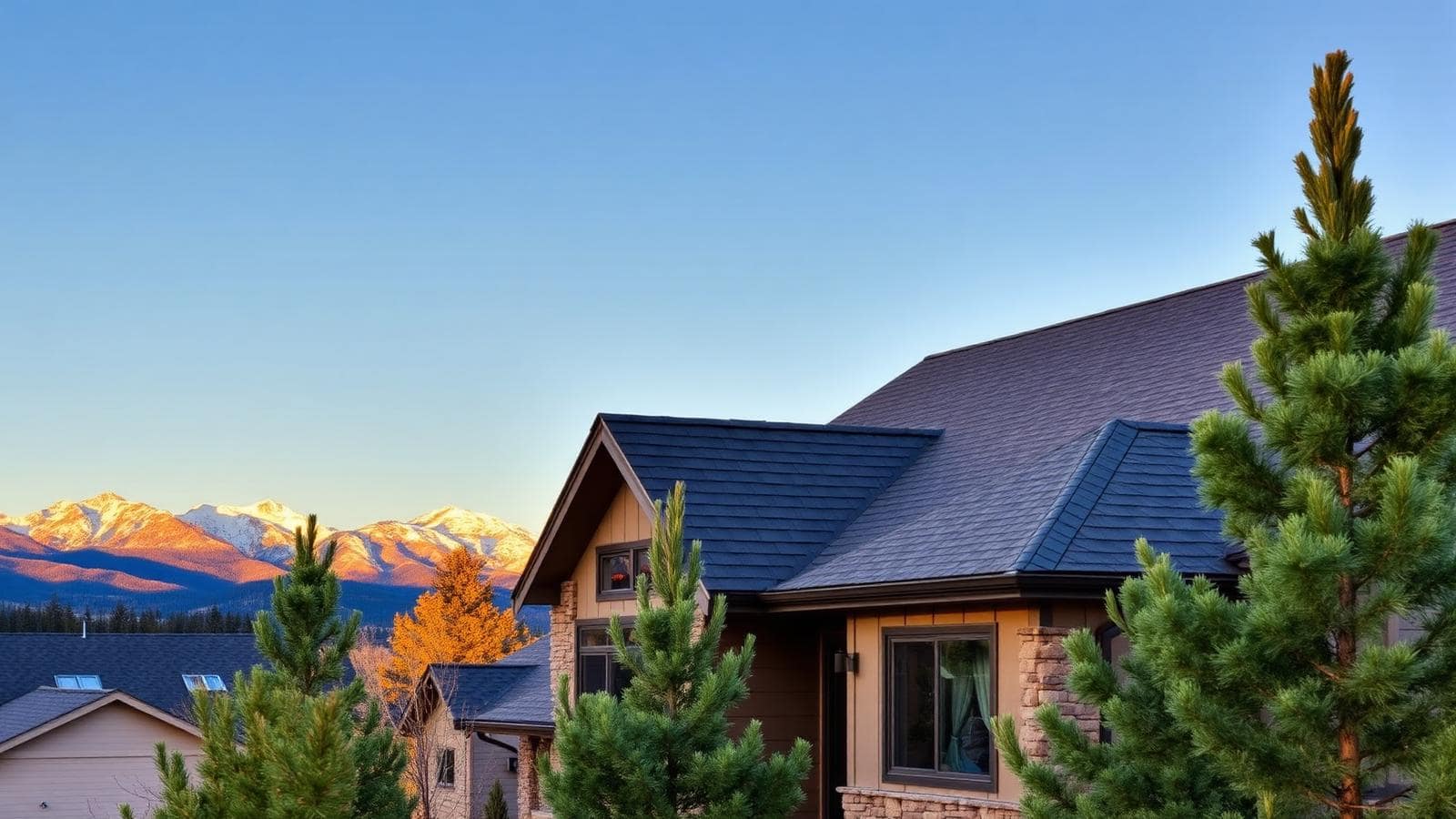 Close up of house with Denver mountains in the back