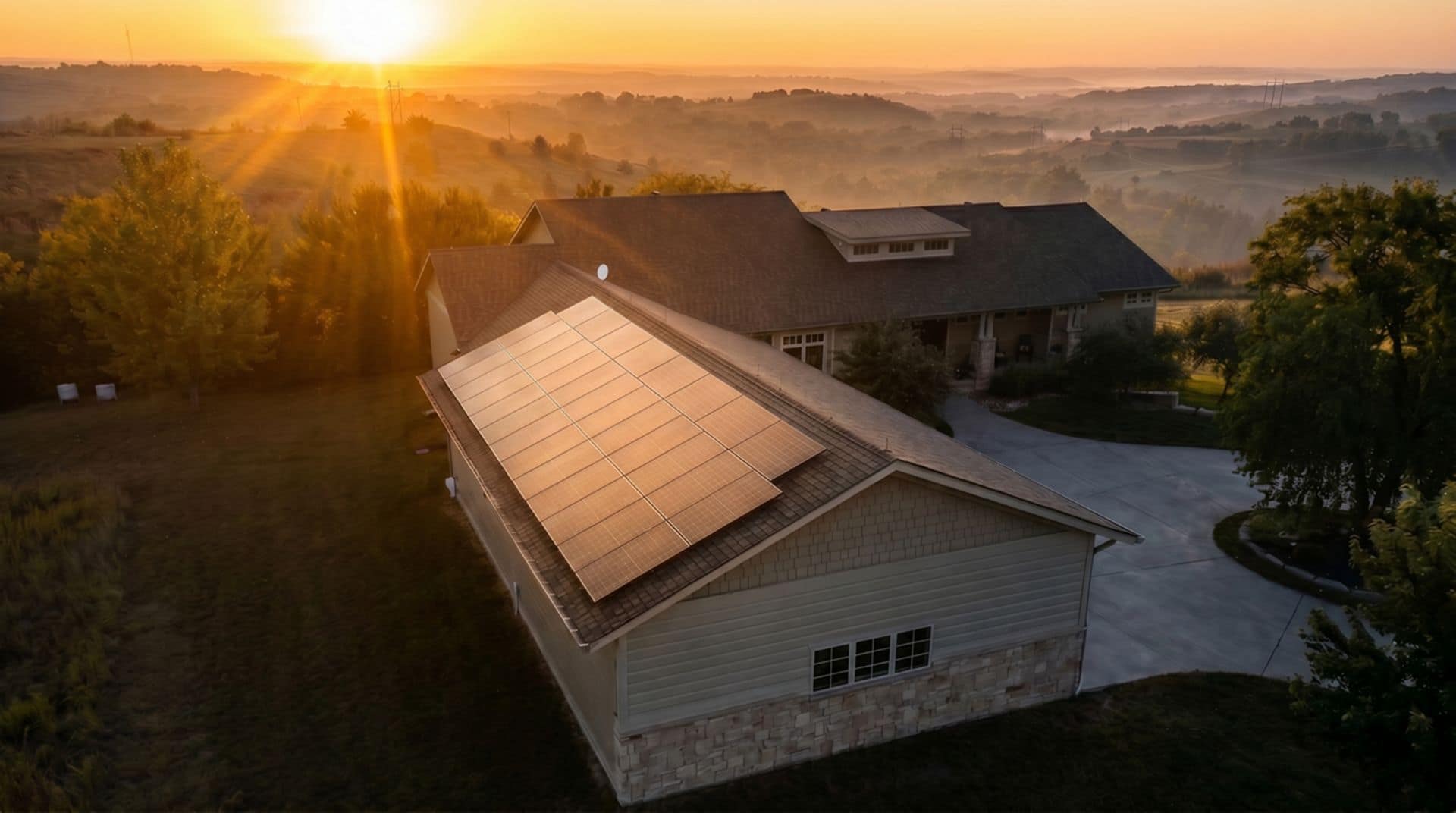 Solar Panel House with Bright Sun Shining