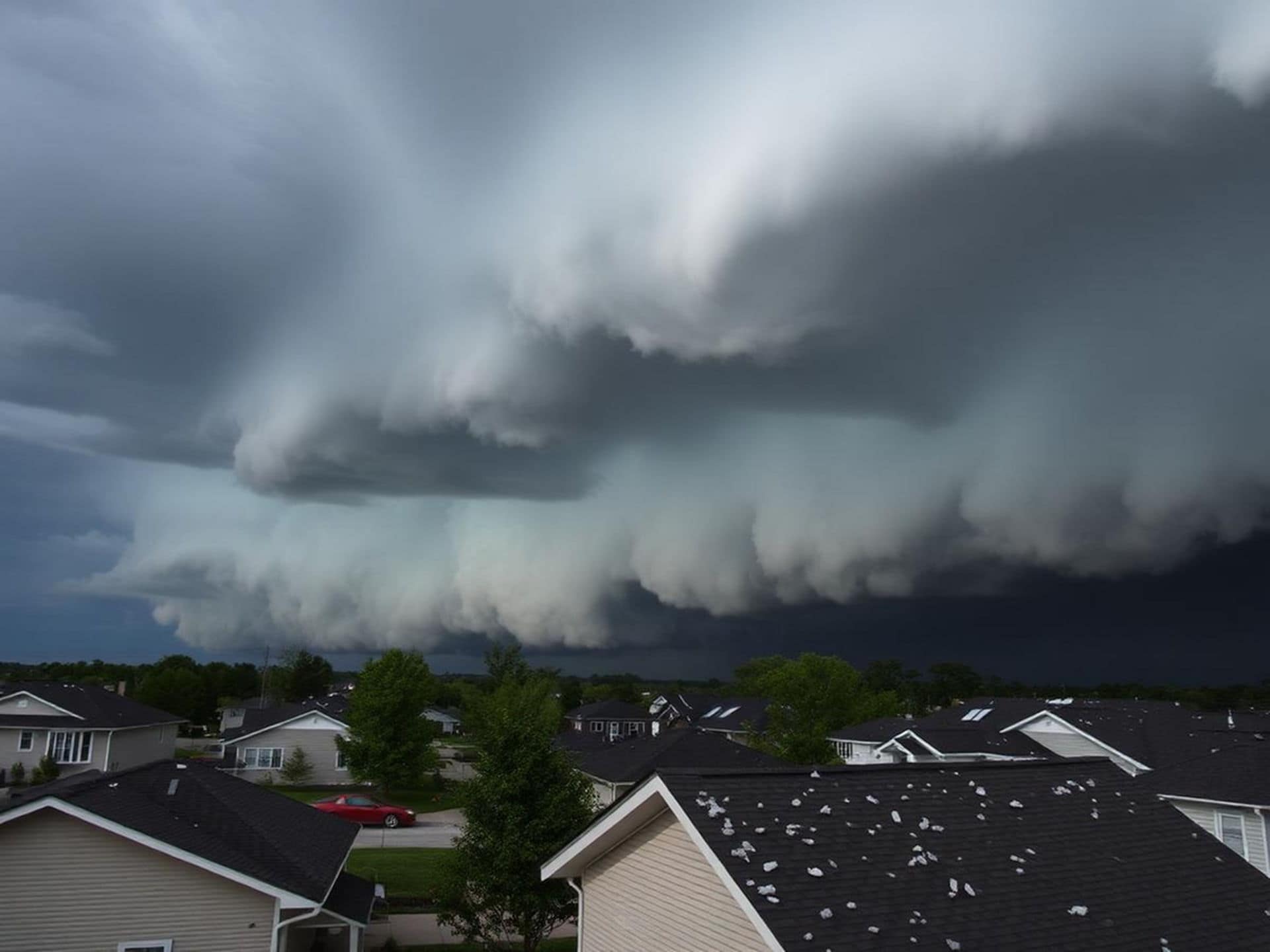 Incoming storm over town with hail on roof